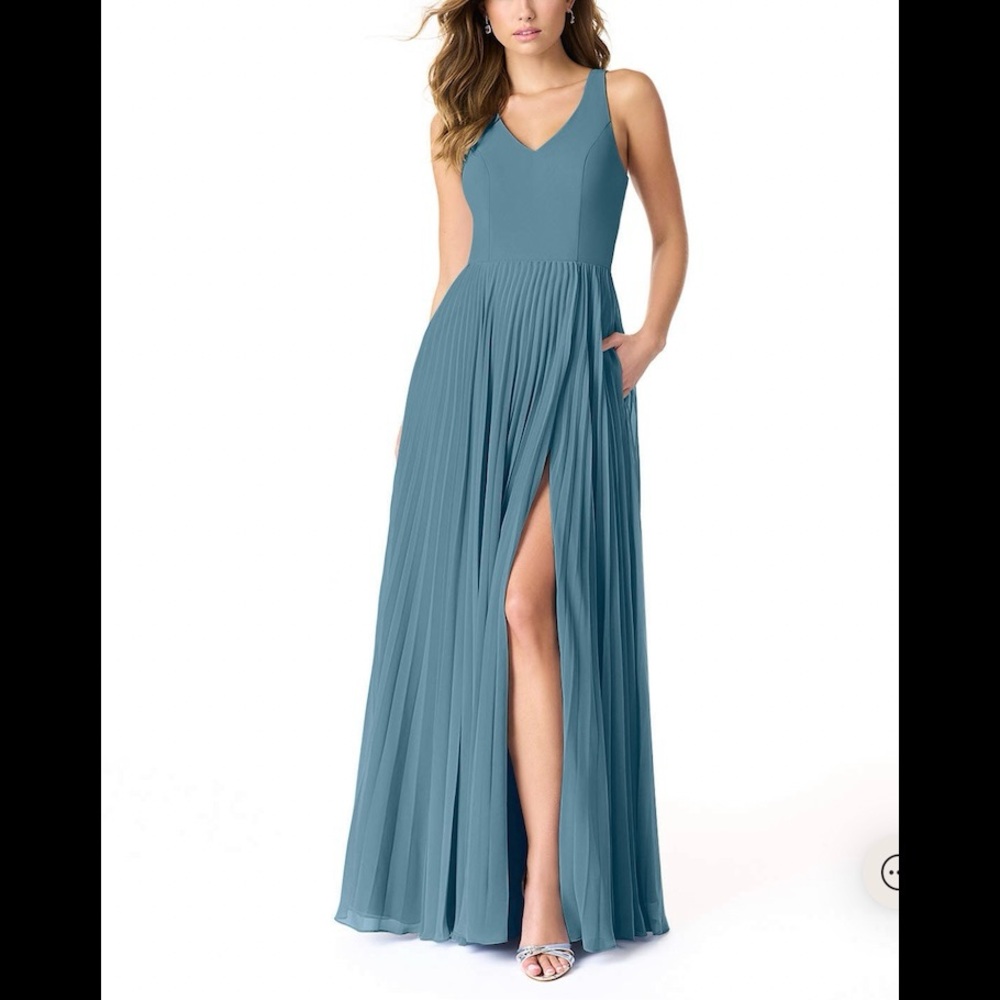 AZAZIE LINDSEY Bermuda Blue A-Line Pleated Chiffon Dress Style 91319